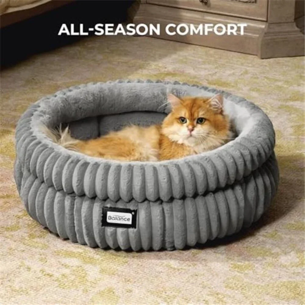 Round Cat Bed Plush Soft Washable Kitten Bed Anti Slip Cozy Pet Bed Indoor Cats